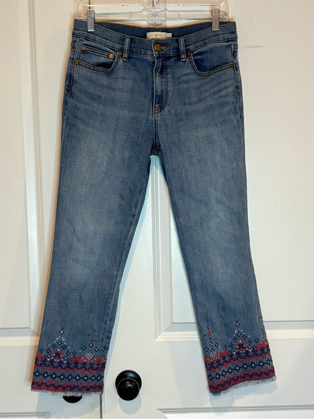 Tory Burch Myers Red Blue Embroidered Raw Crop Hem Jeans 28